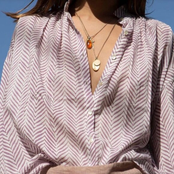 ALIX OF BOHEMIA Boho Pink White Chevron Stripe Button Down Blouse Top Cotton USA - Picture 1 of 8